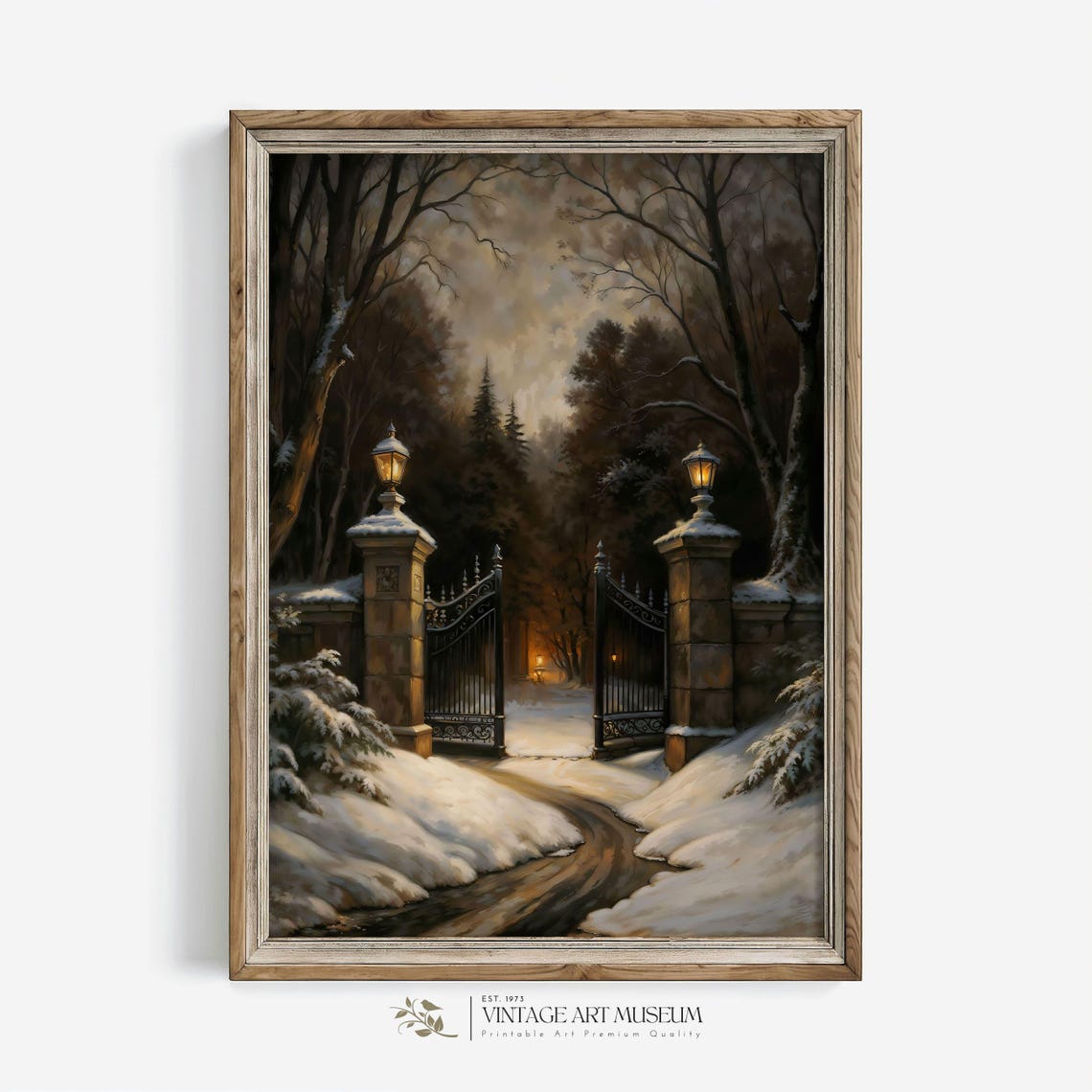 Wrought Iron Estate Gate With Lanterns in Snowy Woods at Dusk Poster