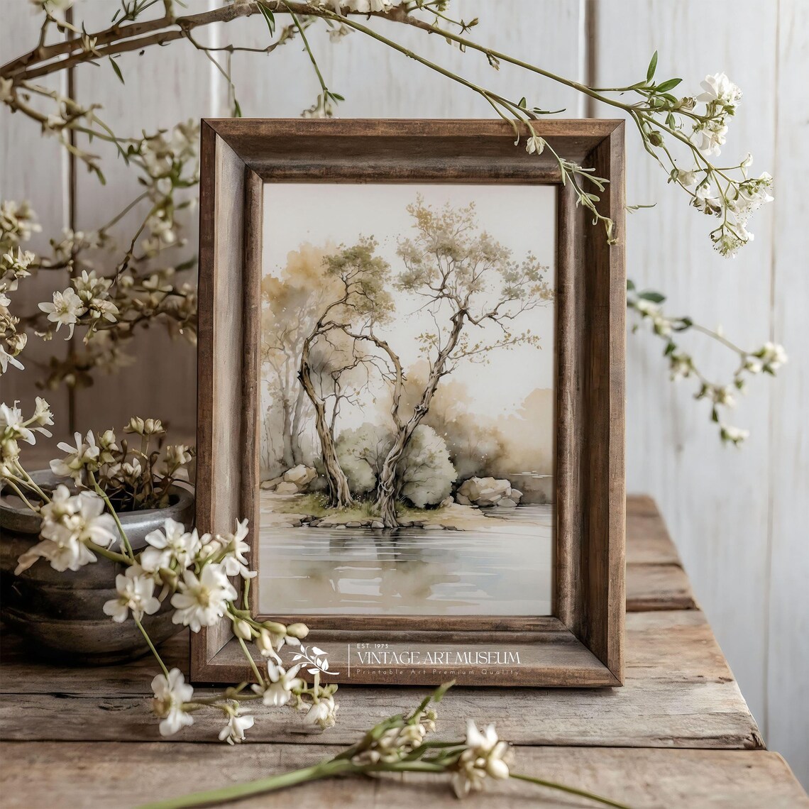 Minimalistic Garden Tree By The River Watercolor Art Print - Image 3