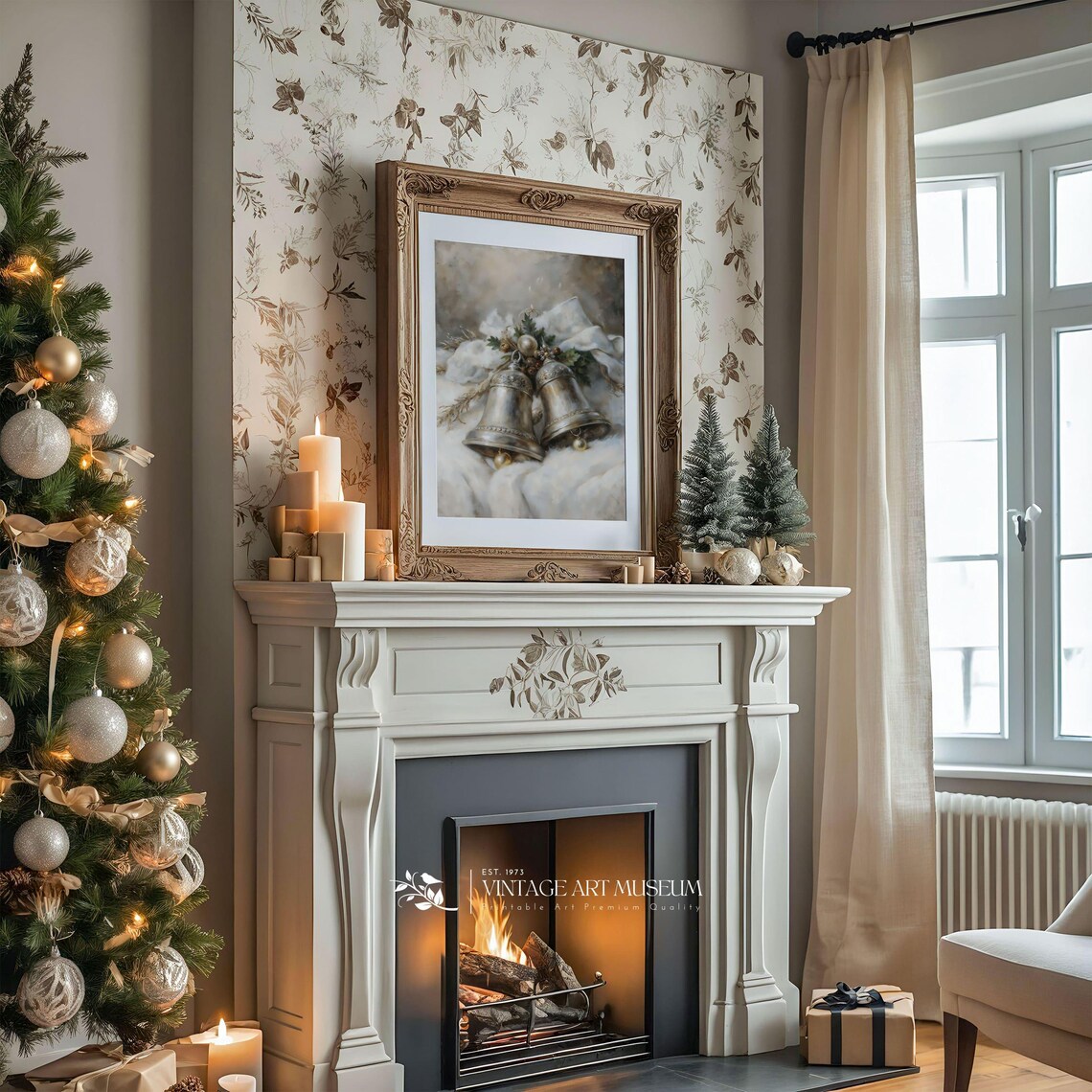 Two Silver Christmas Bells, Cozy Vintage Winter Print - Image 2