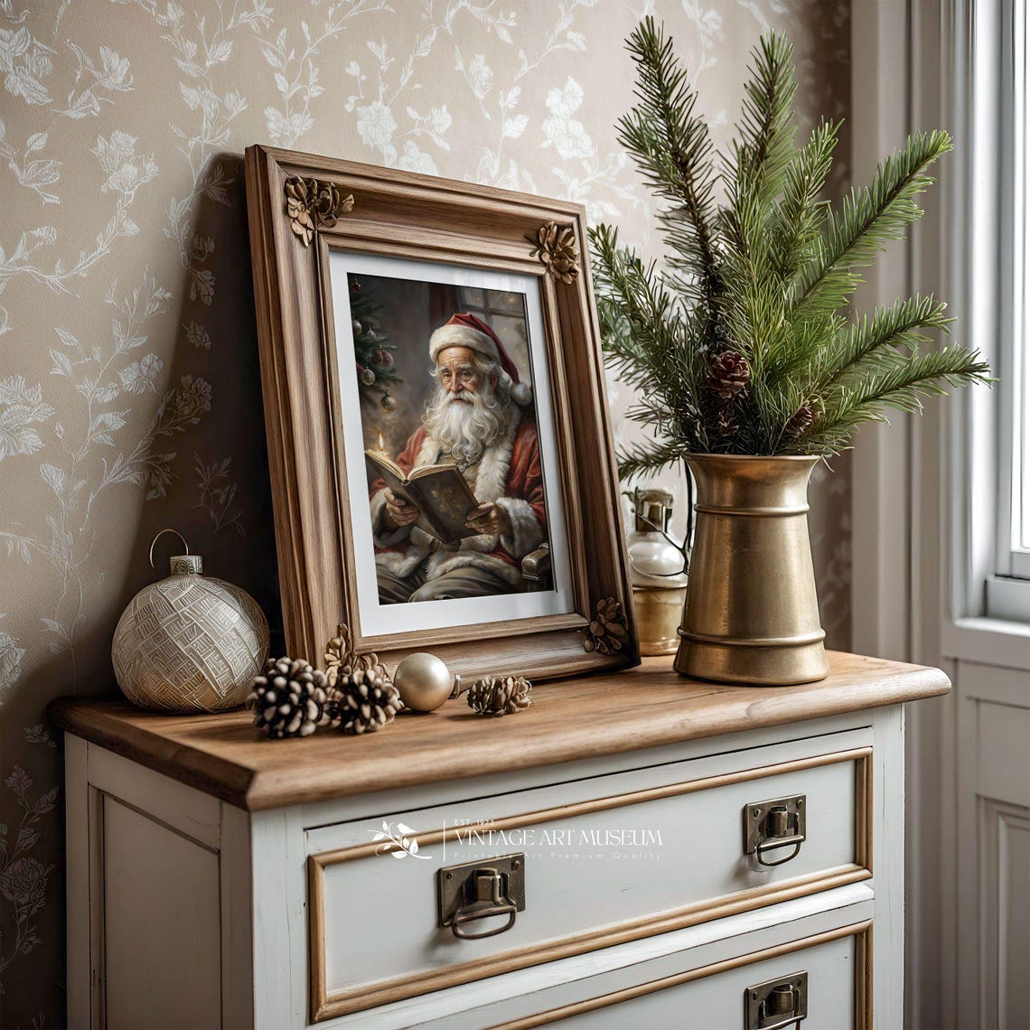 Santa Claus Reading a Book by Candlelight Vintage Christmas Wall Art - Image 3