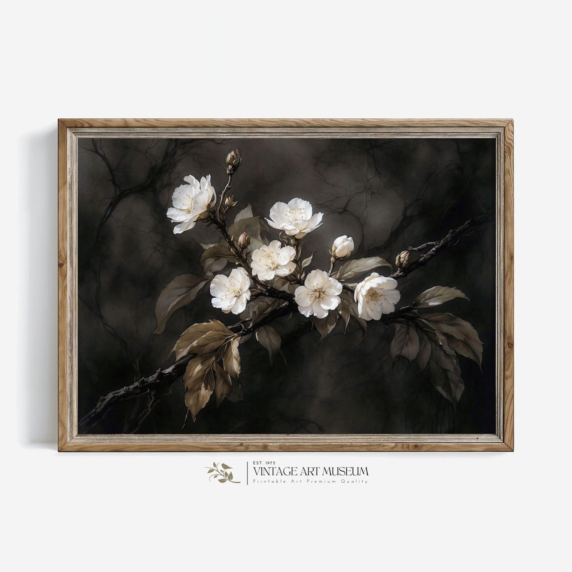 White Blossom Branch Dark Moody Floral Botanical Elegance Poster