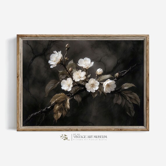 White Blossom Branch Dark Moody Floral Botanical Elegance Poster
