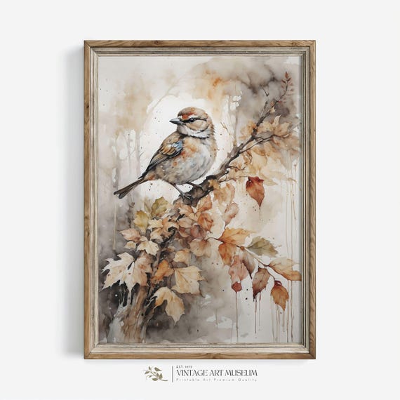 Vintage Rustic Fall Bird Watercolor Art Print