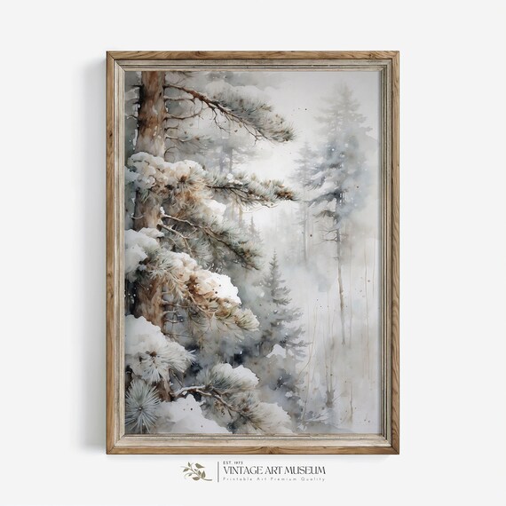 Vintage Pine Tree Watercolor Winter Landscape Art Print