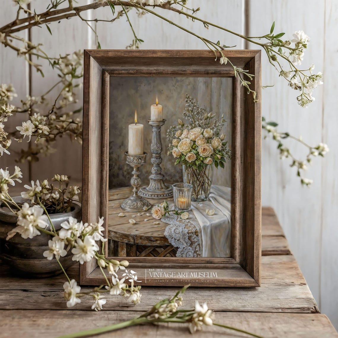 Candles and Roses Still Life Vintage Romantic Wall Art Table Decor - Image 2