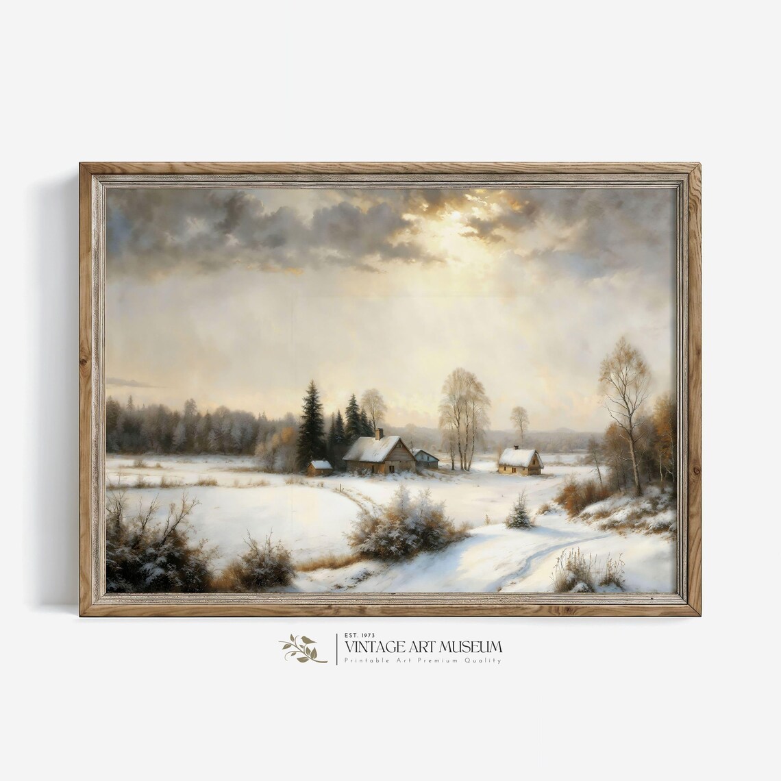 Snowy Farm Barns in Winter Fields Golden Sunbeam Oil Painting Poster