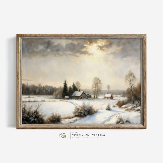 Snowy Farm Barns in Winter Fields Golden Sunbeam Oil Painting Poster