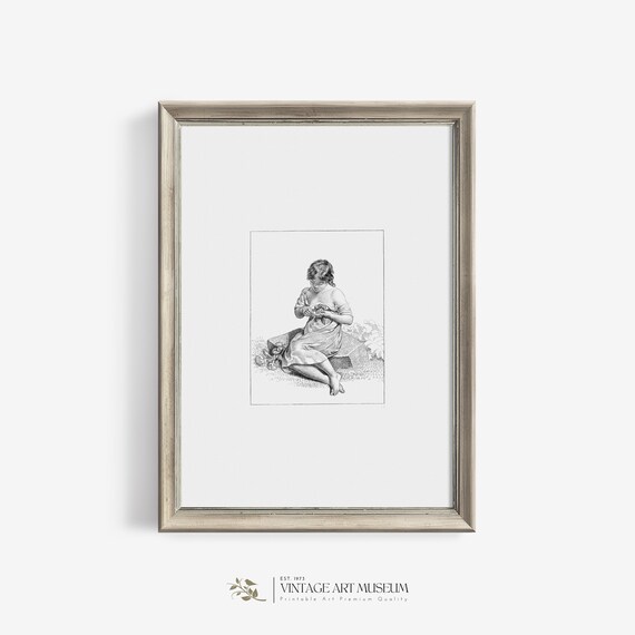 Little Girl with Flowers Vintage Pencil Drawing Sketch Wall Art