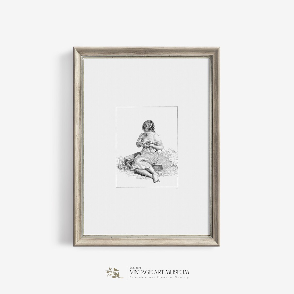 Little Girl with Flowers Vintage Pencil Drawing Sketch Wall Art