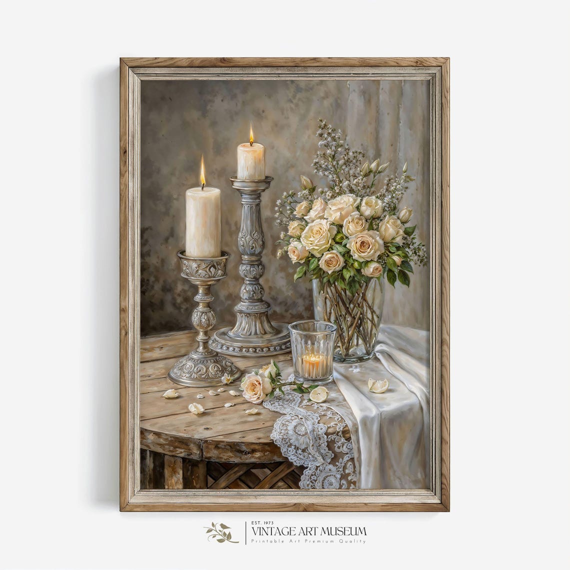 Candles and Roses Still Life Vintage Romantic Wall Art Table Decor - Image 3