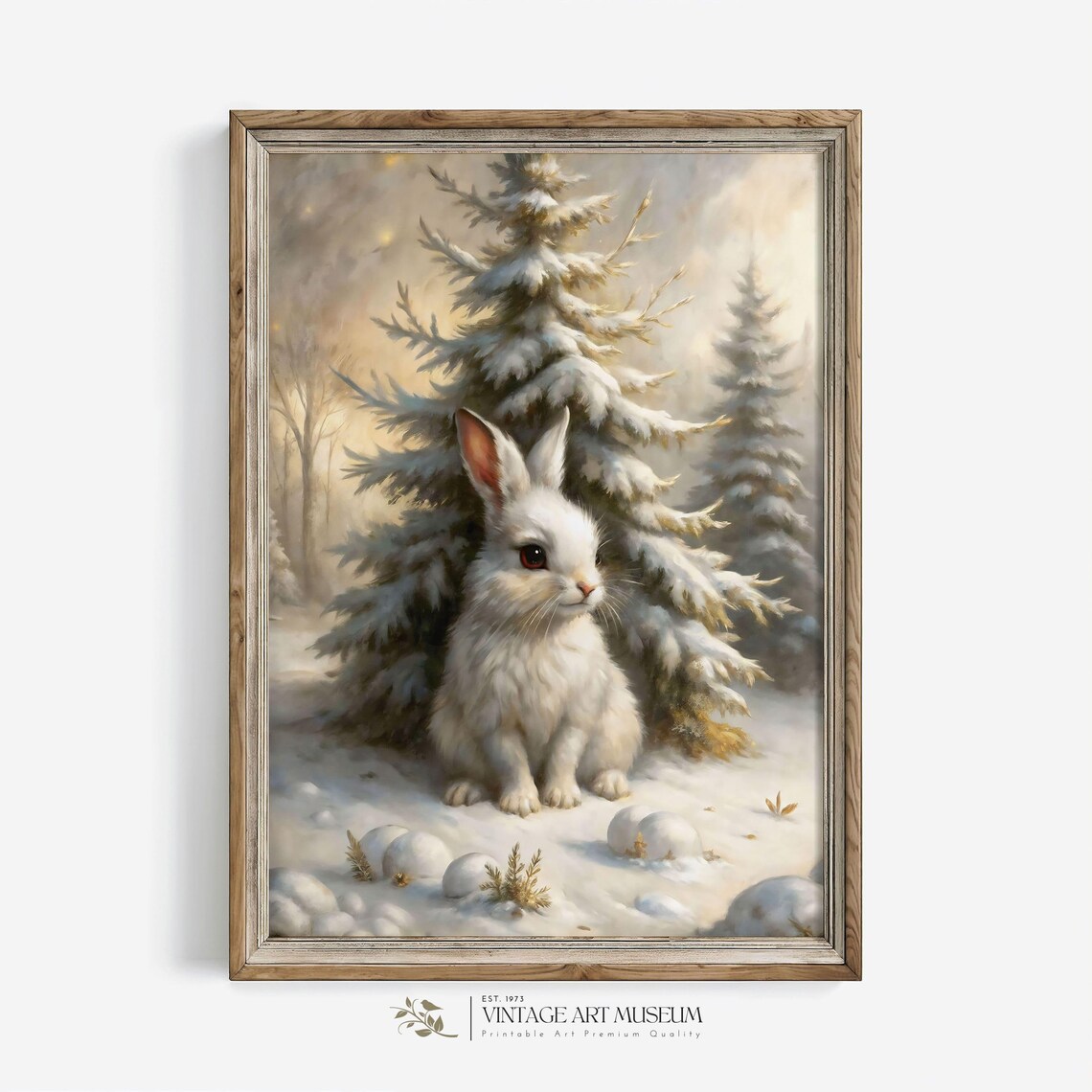 White Rabbit in Snowy Pine Forest Vintage Winter Animal Wall Art