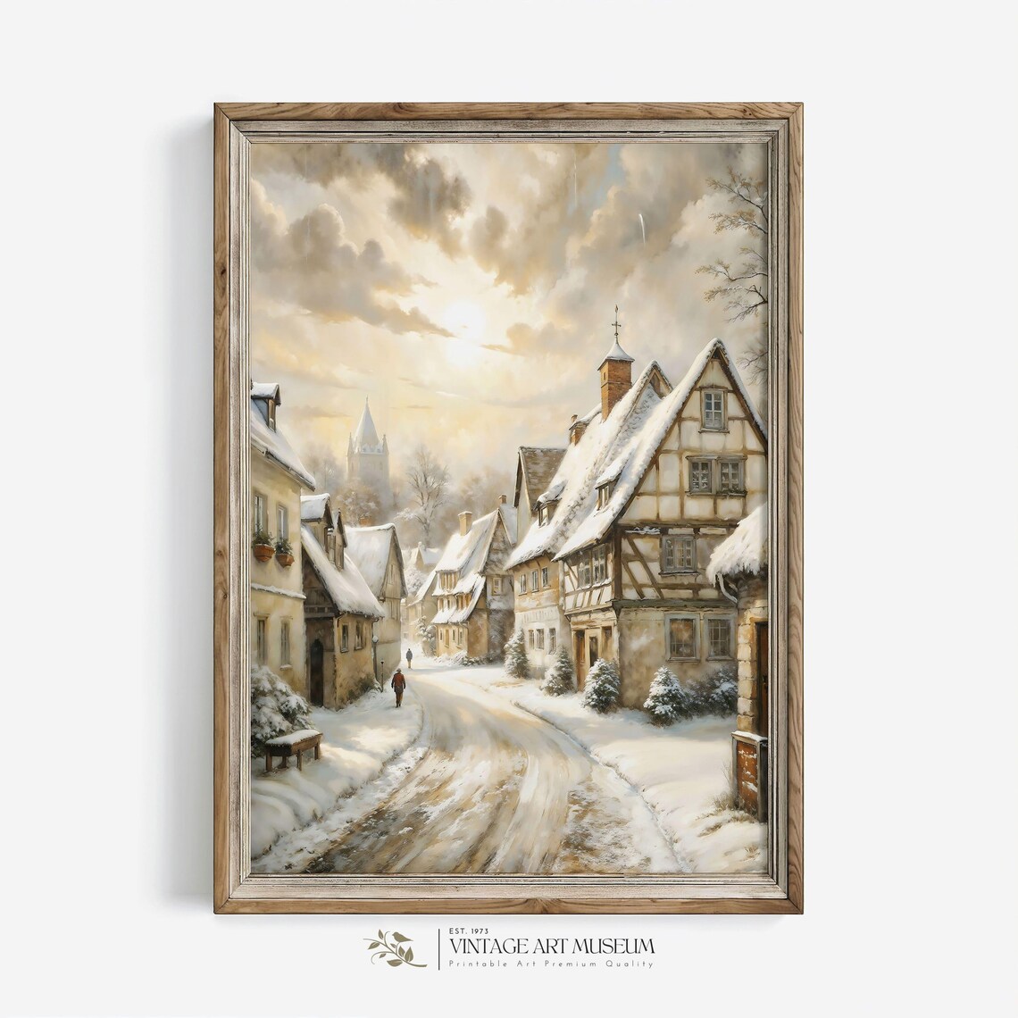 Snowy European Village Street Half Timbered Winter Scene Poster