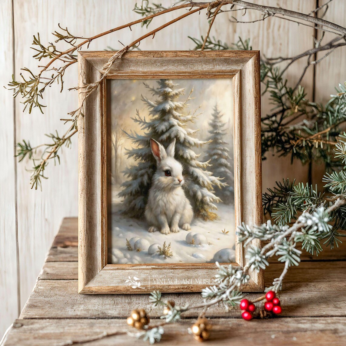 White Rabbit in Snowy Pine Forest Vintage Winter Animal Wall Art - Image 3
