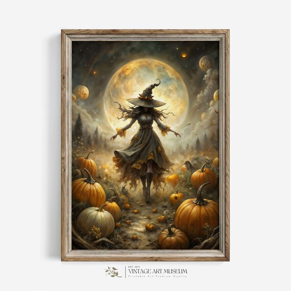Dancing Witch Full Moon Pumpkin Patch Halloween Oil Painting Print