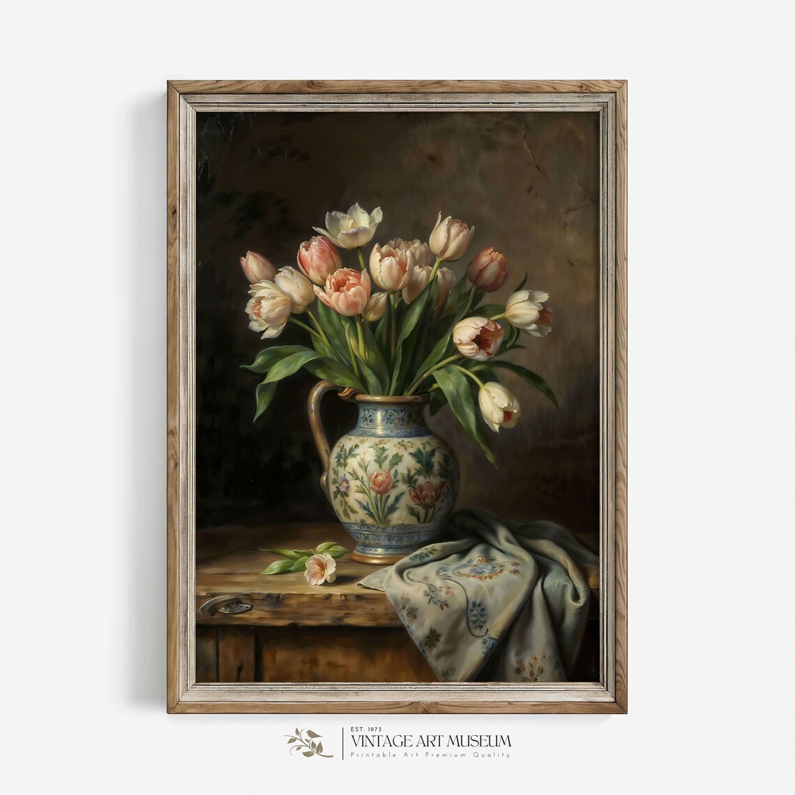 Tulips in Ornate Floral Pitcher Dutch Style Still Life Poster