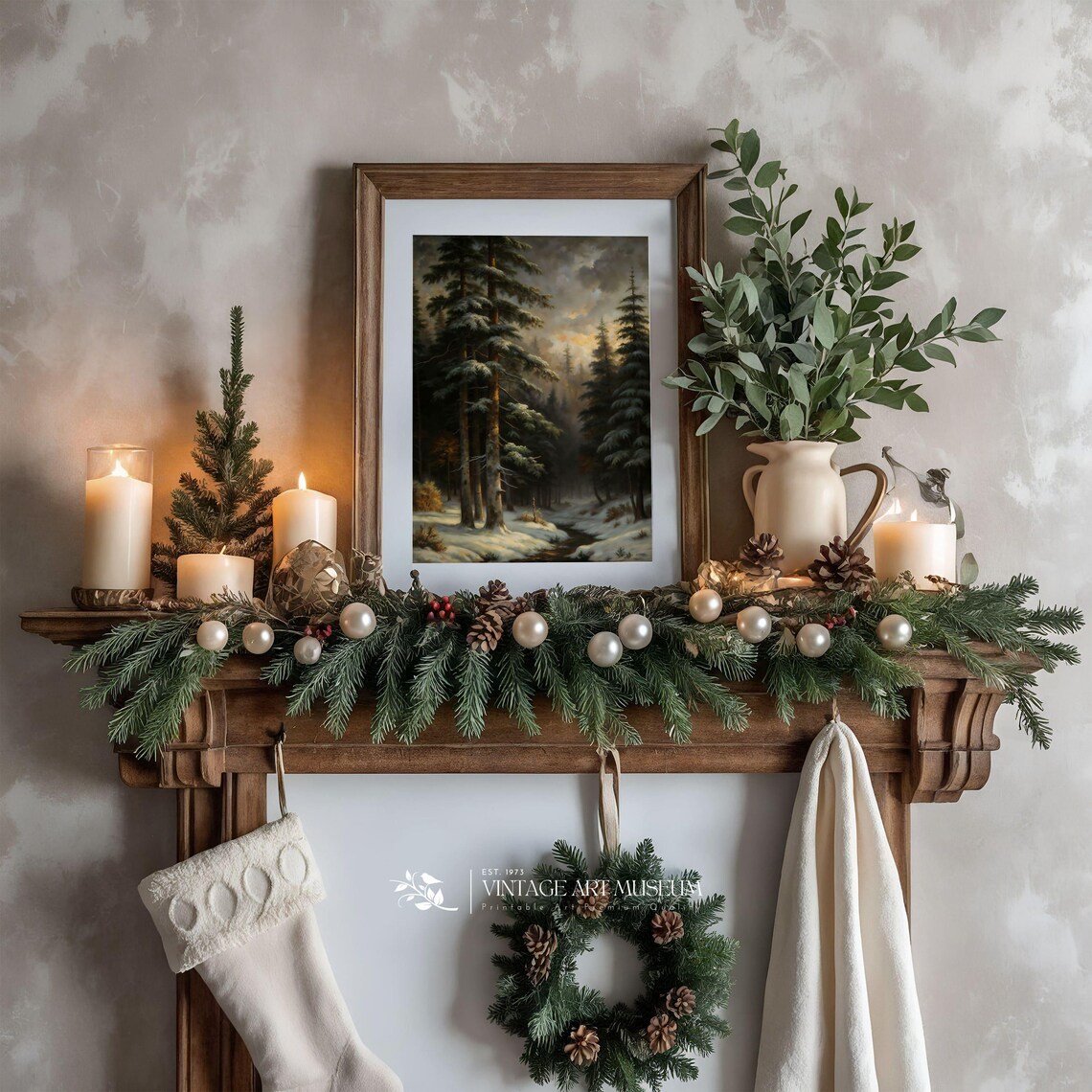 Dark Moody Snowy Pine Forest With Stream Golden Light Vintage Art Poster - Image 3