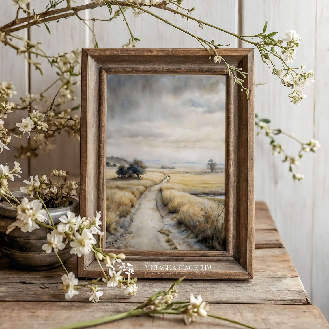 Golden Field with a Winding Dirt Road Under a Cloudy Sky Art Poster - Image 3