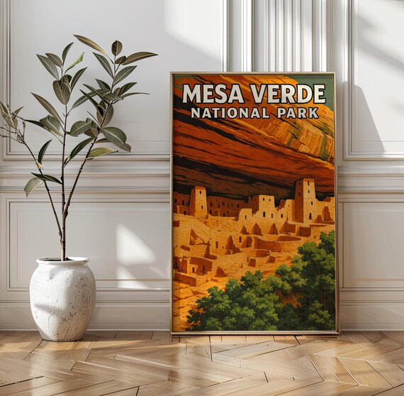 Mesa Verde National Park Vintage Travel Poster Cliff Palace Ruins Scene