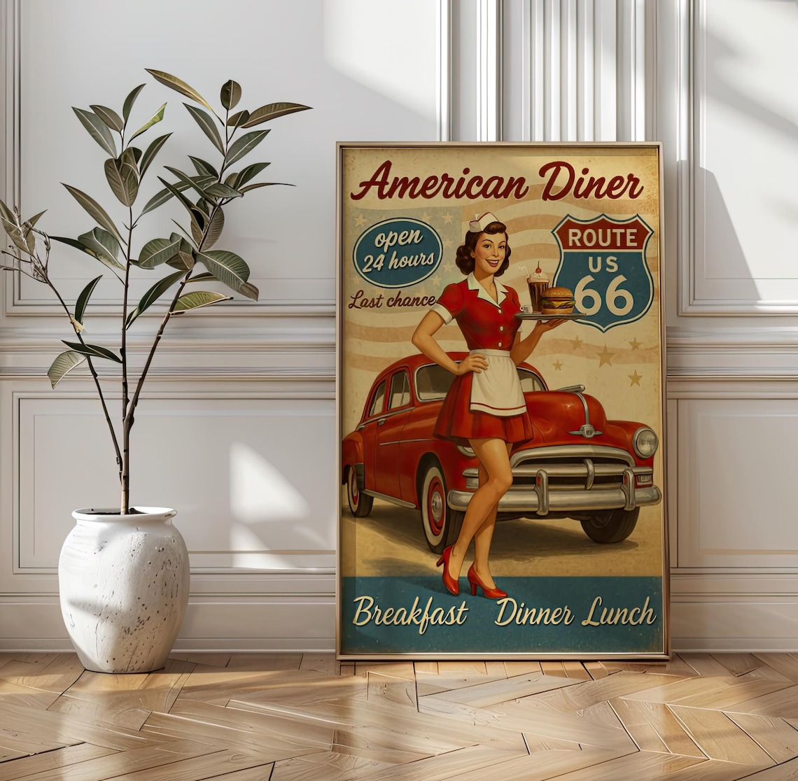 Vintage Route 66 Diner Poster, Retro Americana Art Print