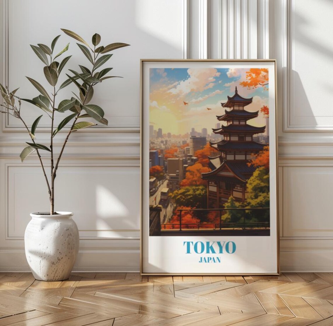 Tokyo Japan Pagoda Autumn Cityscape Skyline Vintage Travel Poster