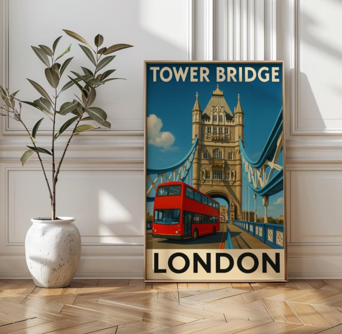 Tower Bridge London Red Bus Retro England Vintage Travel Poster