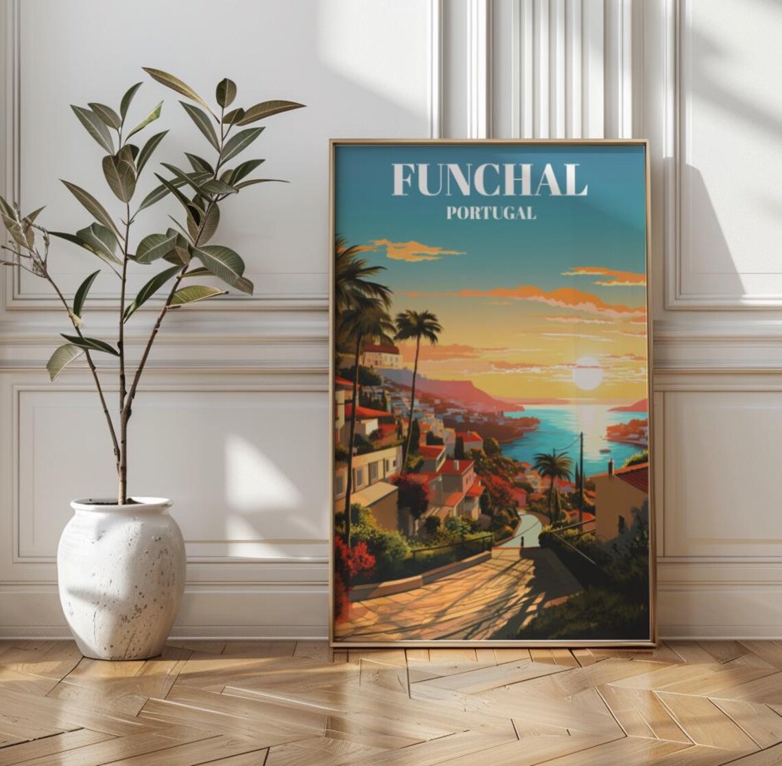 Funchal Portugal Coastal Sunset Harbor Palm Vintage Travel Poster