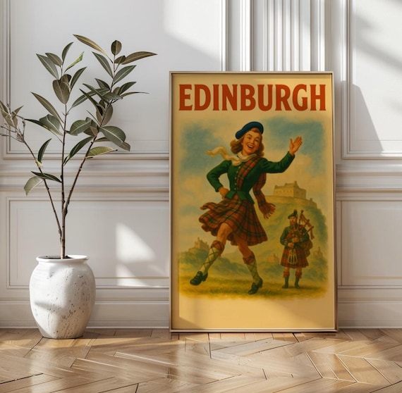 Edinburgh Vintage Scottish Tartan Dancer Bagpiper Travel Poster