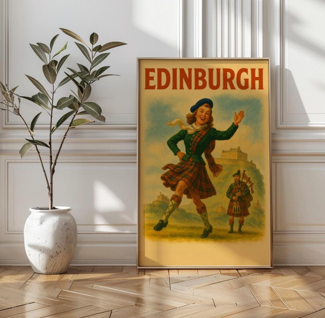 Edinburgh Vintage Scottish Tartan Dancer Bagpiper Travel Poster