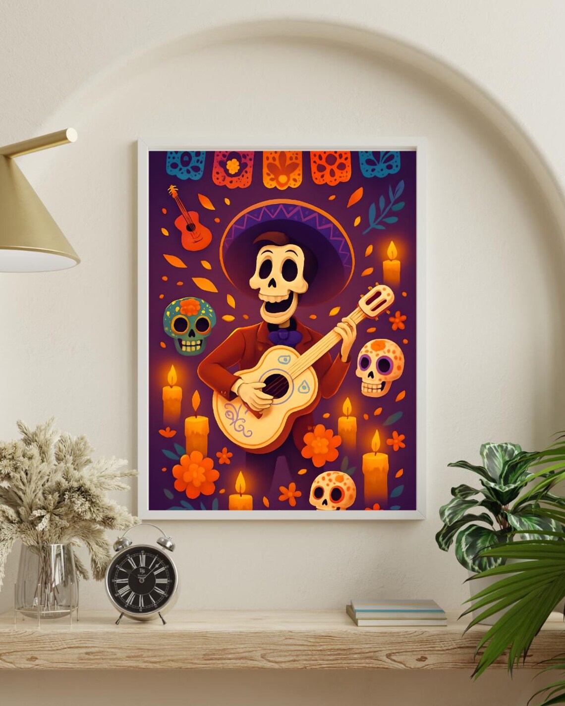 Dia De Los Muertos Skeleton Playing Guitar Colorful Mexican Folk Art Poster