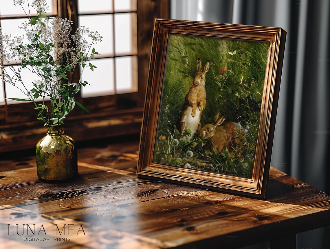 Vintage Hares In Tall Grass Botanical Wildlife Painting Rabbit Pair Art Poster - Image 3
