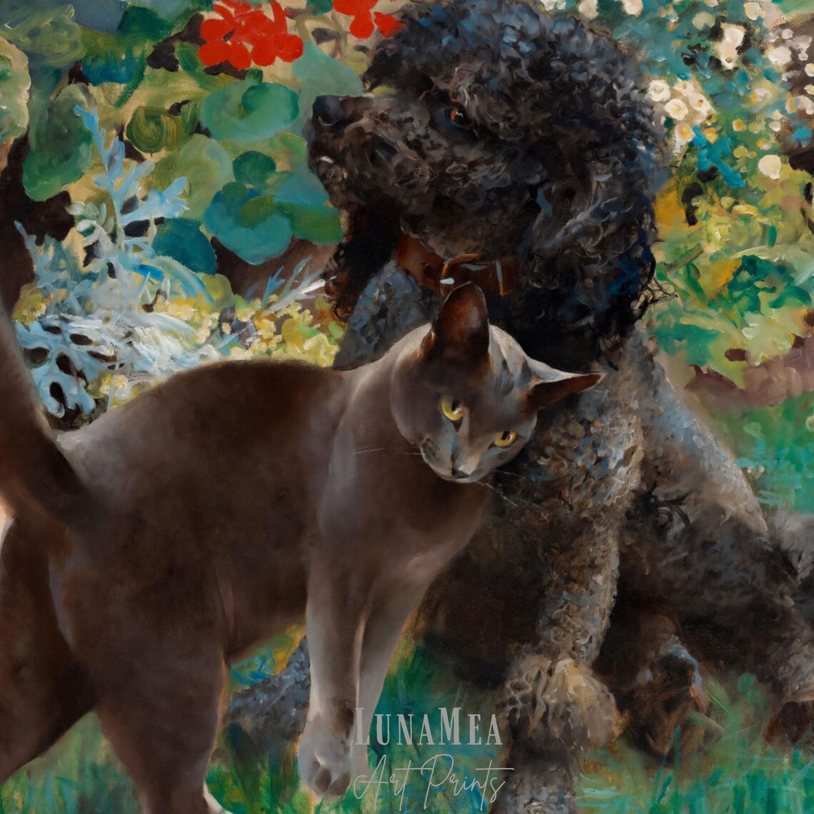 Vintage Oil Painting Black Dog And Gray Cat In Garden Pets Animal Art Poster - Image 3