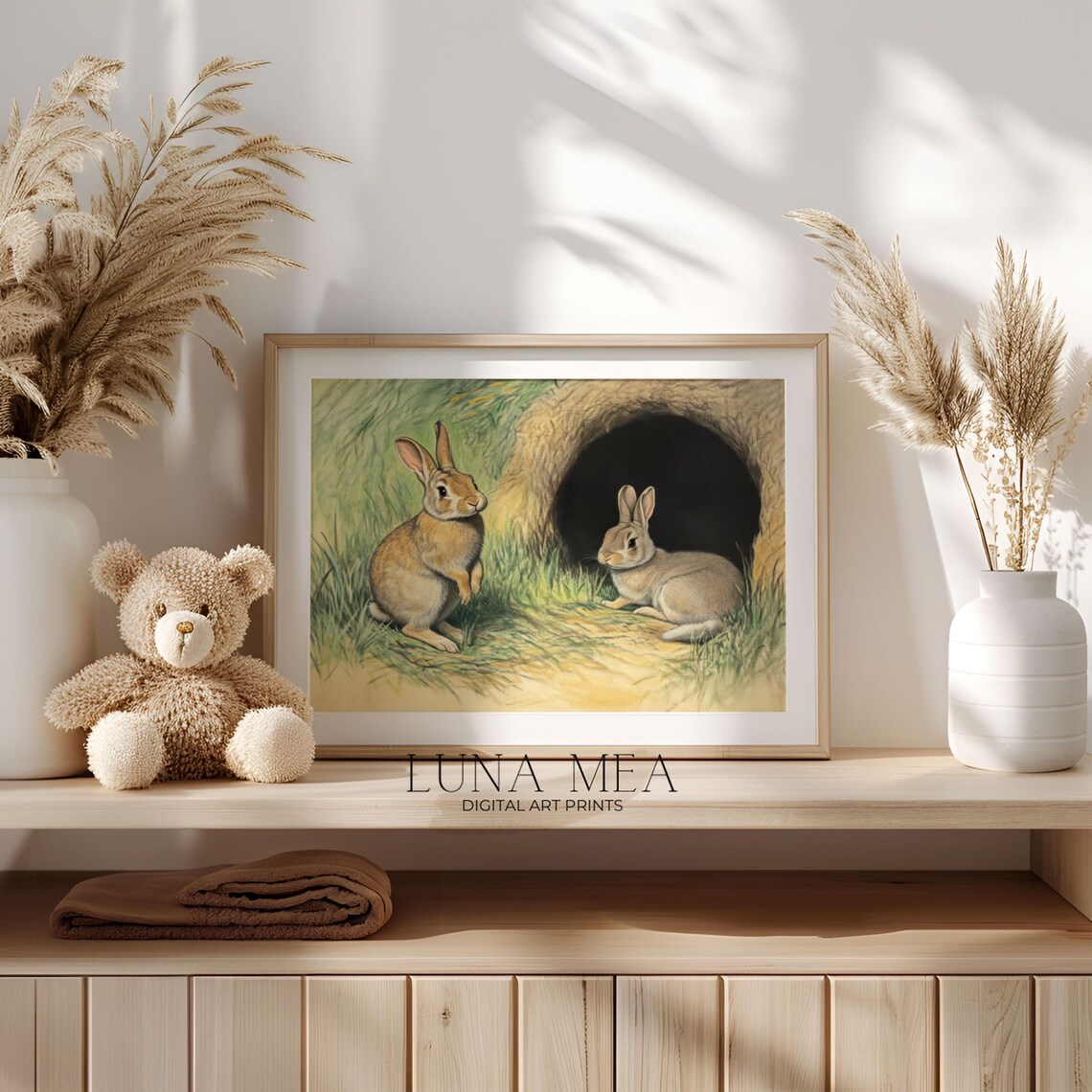 Two Vintage Rabbits By Burrow Hole Woodland Wildlife Nursery Animal Art Poster - Image 2