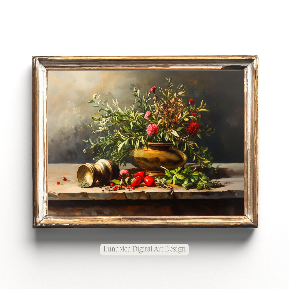Rustic Kitchen Still Life, Herbs, Spices And Tomatoes