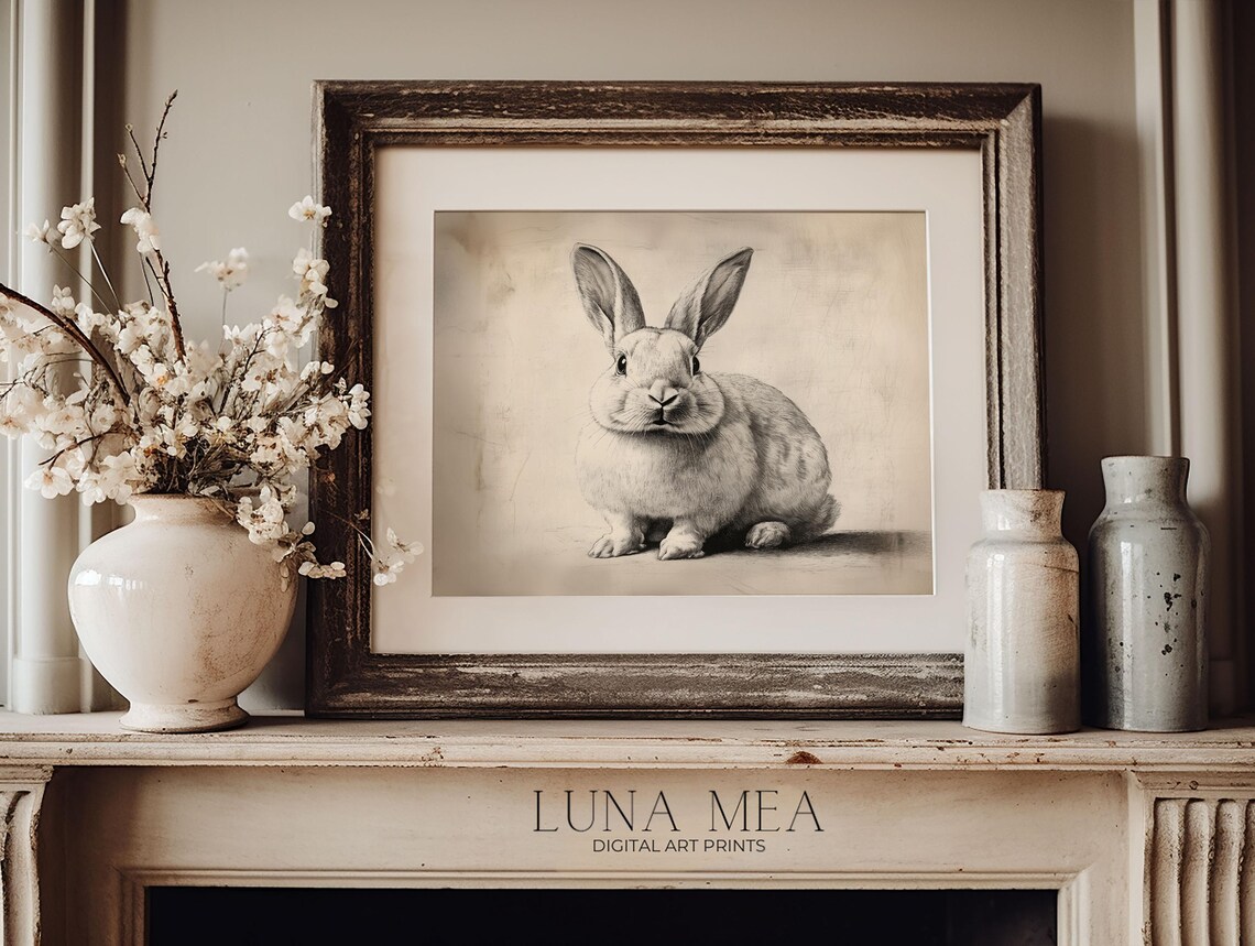 Vintage Rabbit Pencil Sketch Antique Hare Drawing Minimalist Animal Art Poster - Image 2