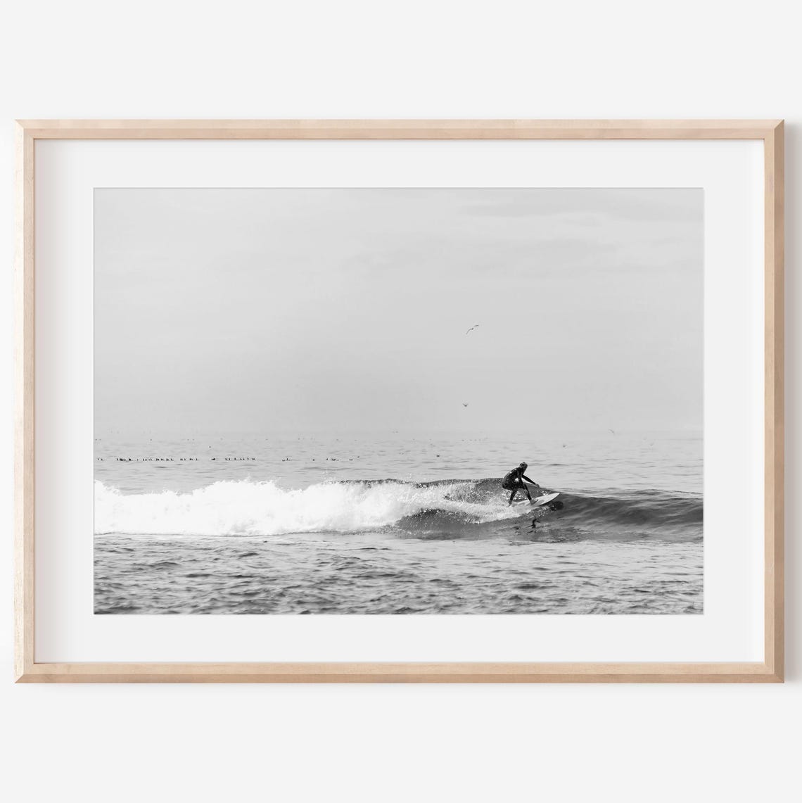 Black And White Surfer Riding Big Ocean Wave Photography Print