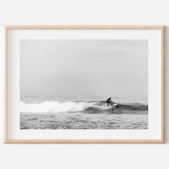 Black And White Surfer Riding Big Ocean Wave Photography Print