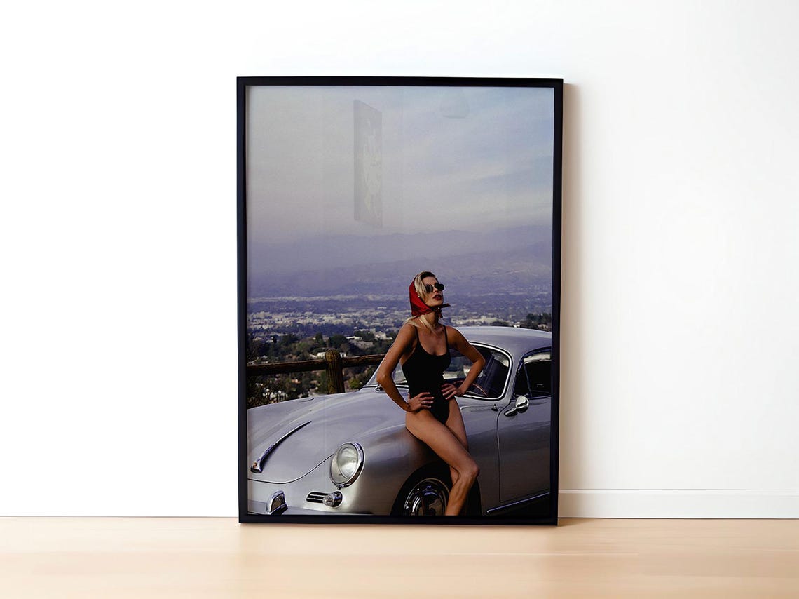 Retro Glamour Wall Art Woman With Vintage Car In Black Swimsuit And Red Headscarf Timeless Fashion Photography Print For Living Room Decor