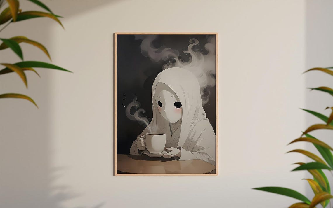Adorable Little Ghost Girl Drinking Coffee Dark Halloween Poster - Image 4
