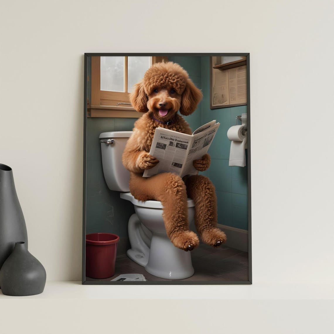 Funny Poodle Sitting On Toilet Reading Newspaper Bathroom Humor Poster - Image 4