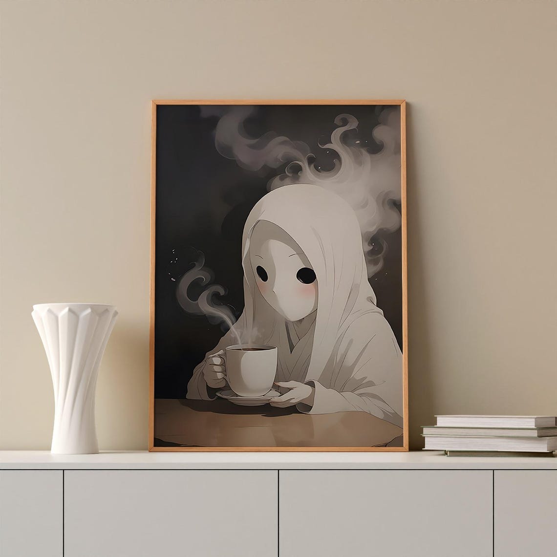 Adorable Little Ghost Girl Drinking Coffee Dark Halloween Poster - Image 2