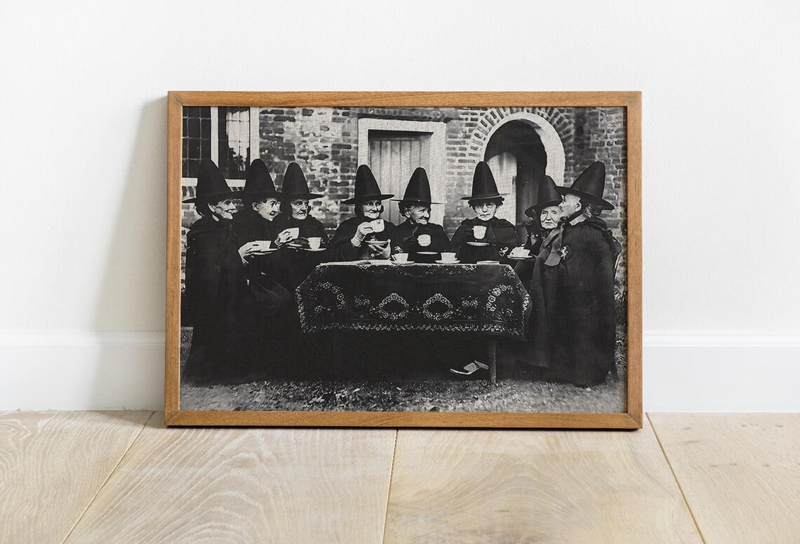 Witches Having Tea Party Vintage Black And White Halloween Photo Poster - Image 4