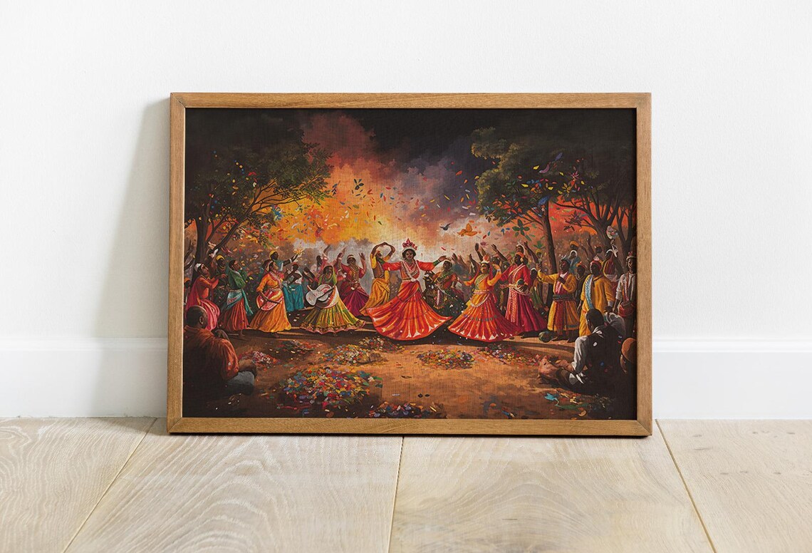 Indian Folk Dance Celebration Around Bonfire Vibrant Festival Painting Poster - Image 4
