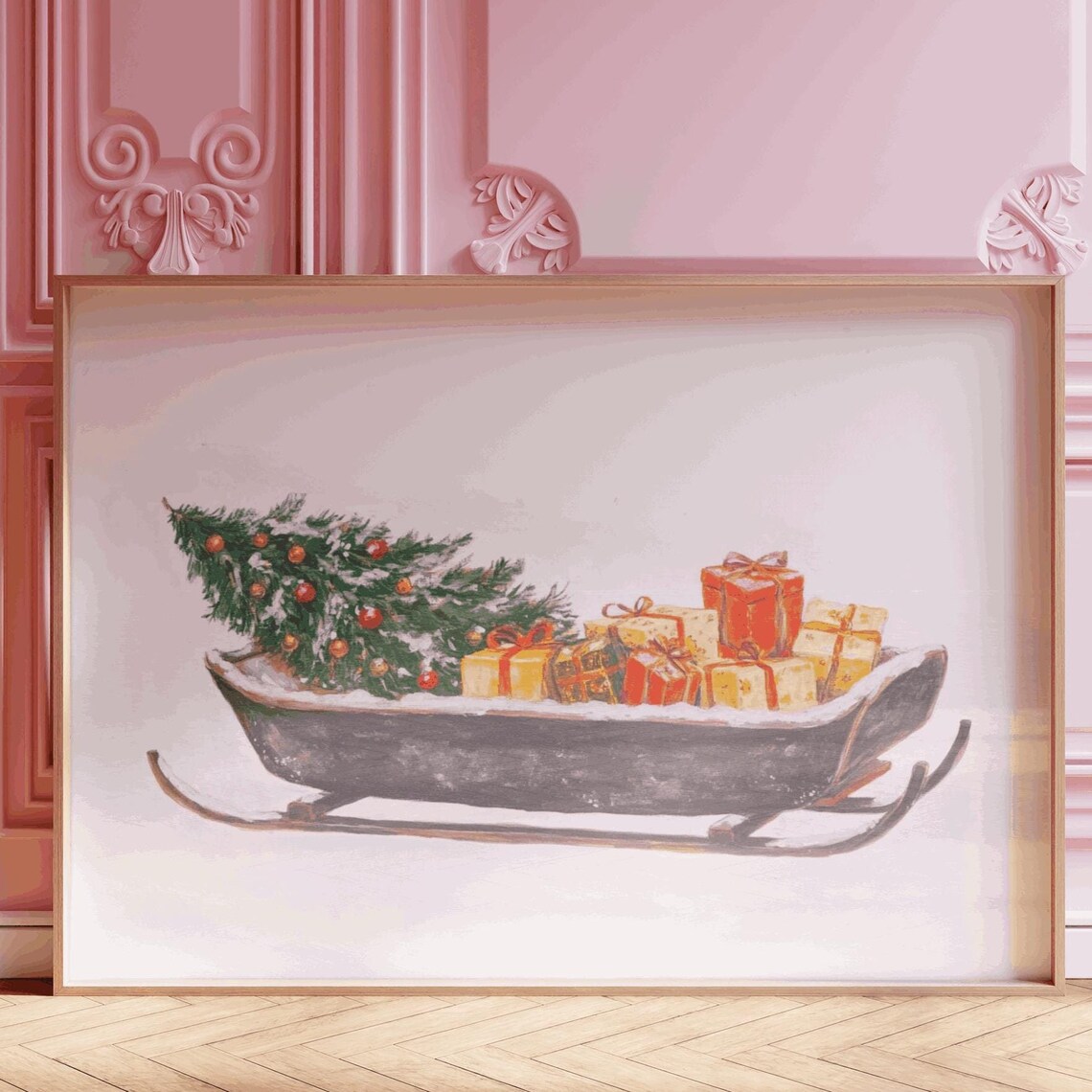 Vintage Sleigh Loaded with Christmas Tree and Gifts Winter Poster - Image 3