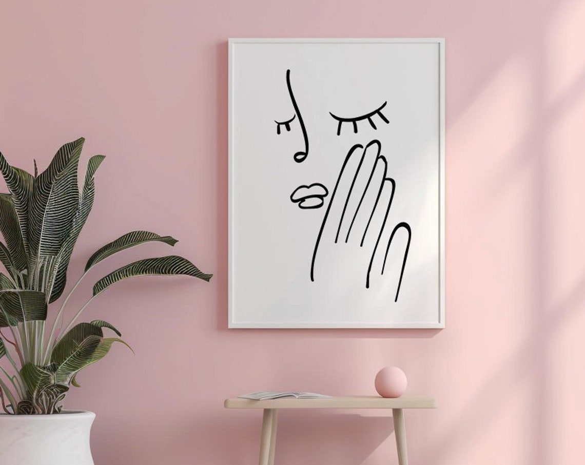 Minimalist Line Art Woman Face With Hand Covering Mouth Poster