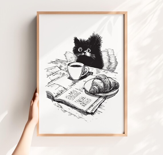 Fluffy Black Cat Coffee Cup Croissant Sketch Cozy Cafe Wall Poster