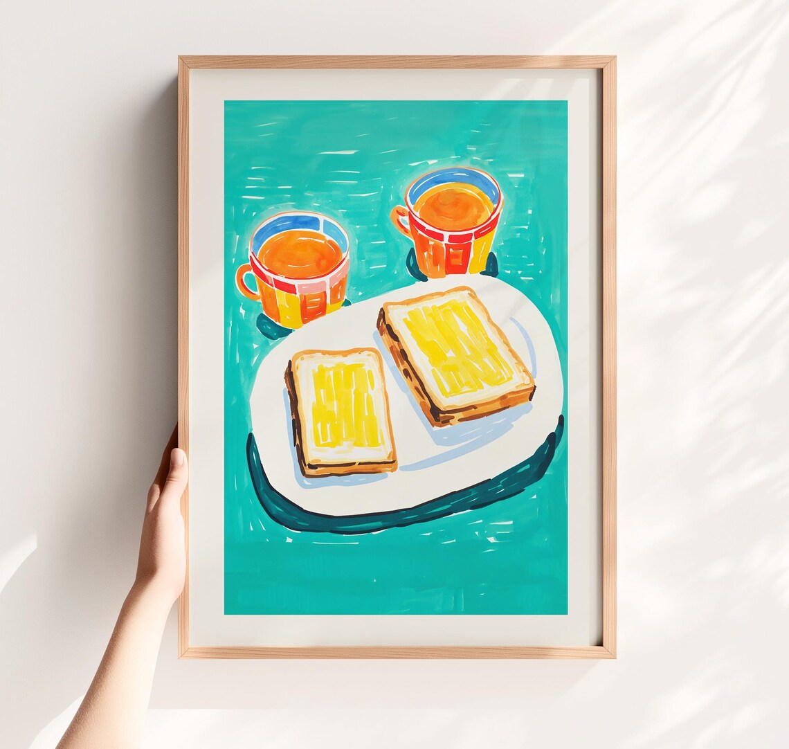 Minimalist Toast Butter Breakfast Retro Kitchen Blue Morning Poster