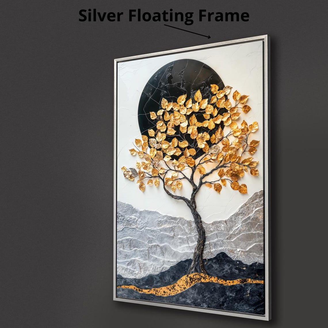 Mystical Golden Tree Black Moon Circle Textured Mountain Art Print - Image 3