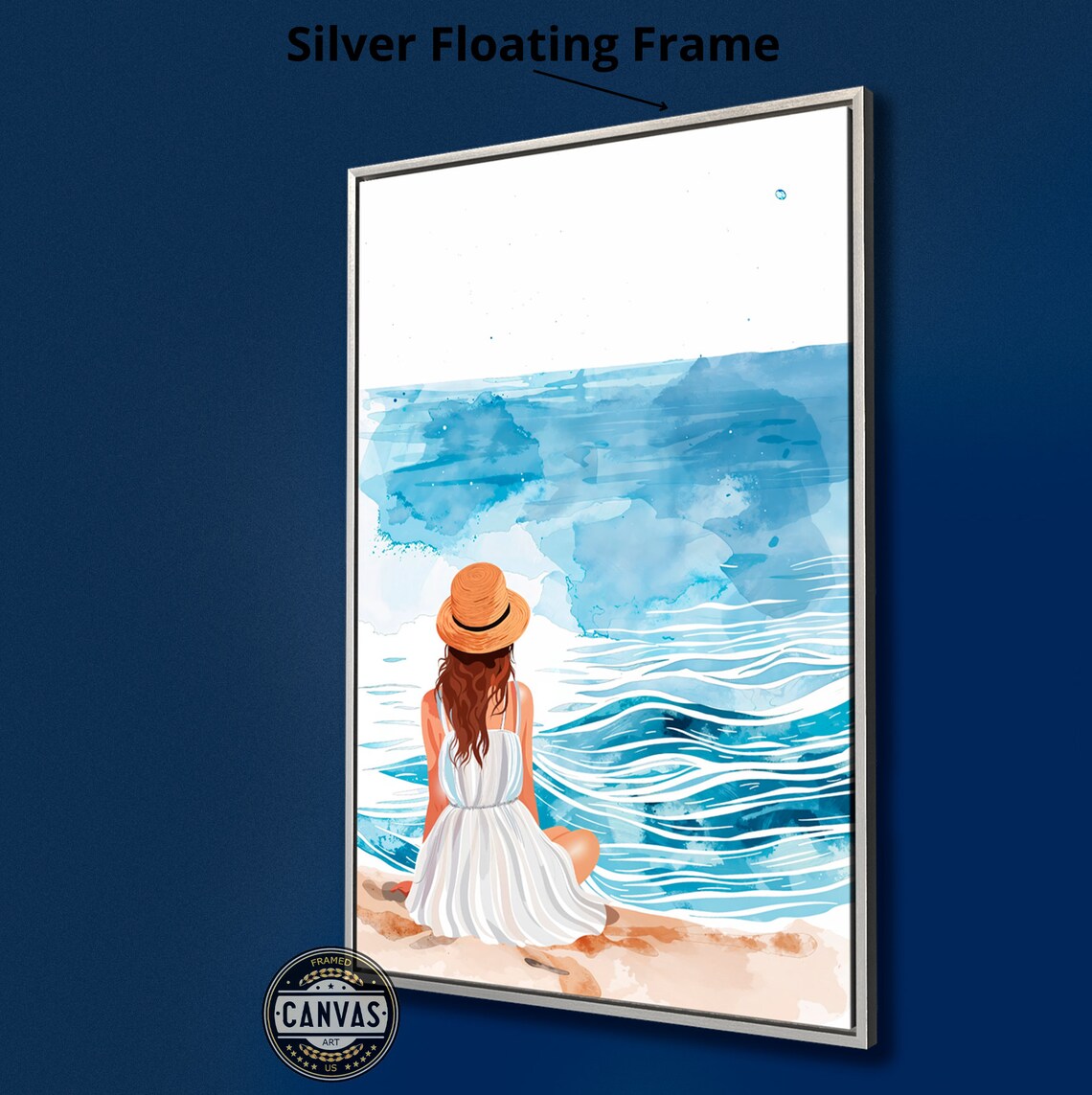 Woman In White Dress Straw Hat Beach Blue Ocean Watercolor Art Poster - Image 4