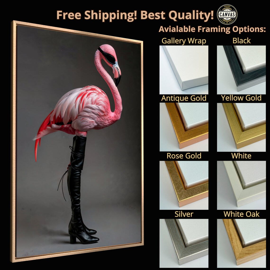 Pink Flamingo In Black Boots Sunglasses Quirky Fashion Art Poster - Image 5