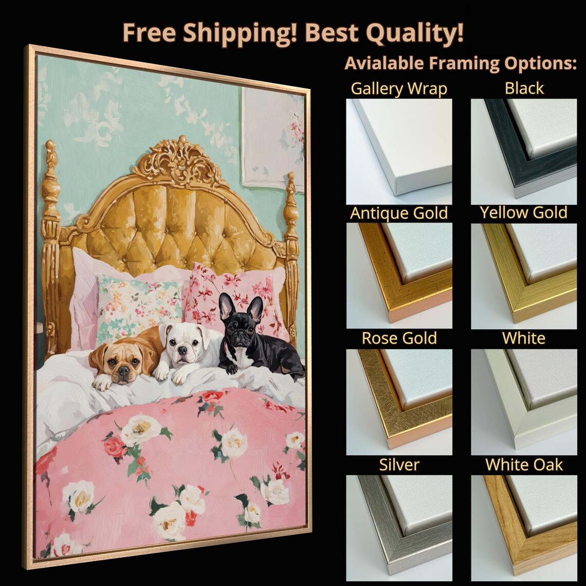 Three Cute Dogs On Pink Floral Bed Cozy Puppies Bedroom Wall Poster - Image 5